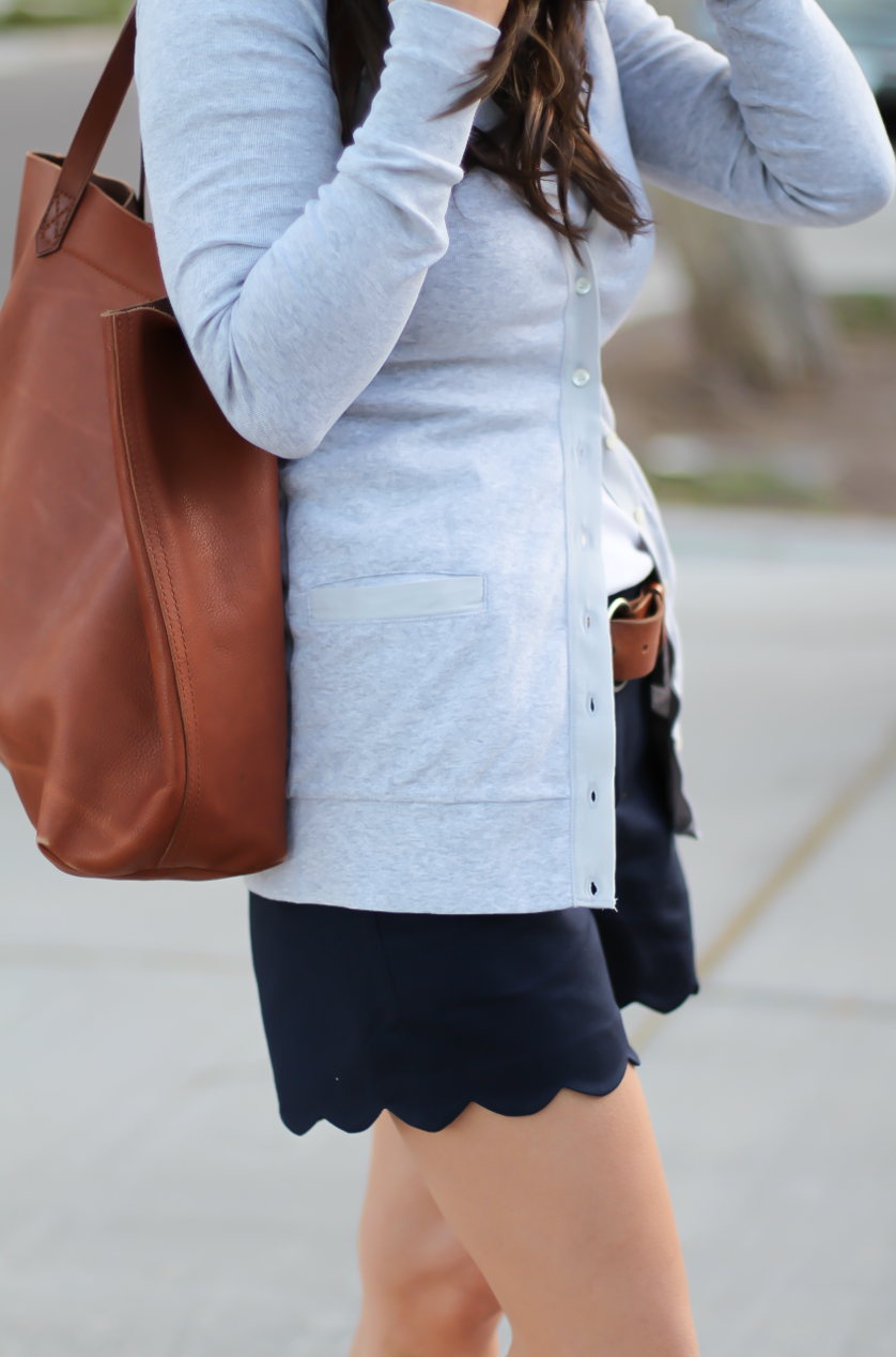 Grey Cotton Cardigan, White Vneck Tee, Navy Scalloped Shorts, Brown Leather Flip Flop Sandals, Brown Leather Tote, J.Crew, J.Crew Factory, Madewell 11
