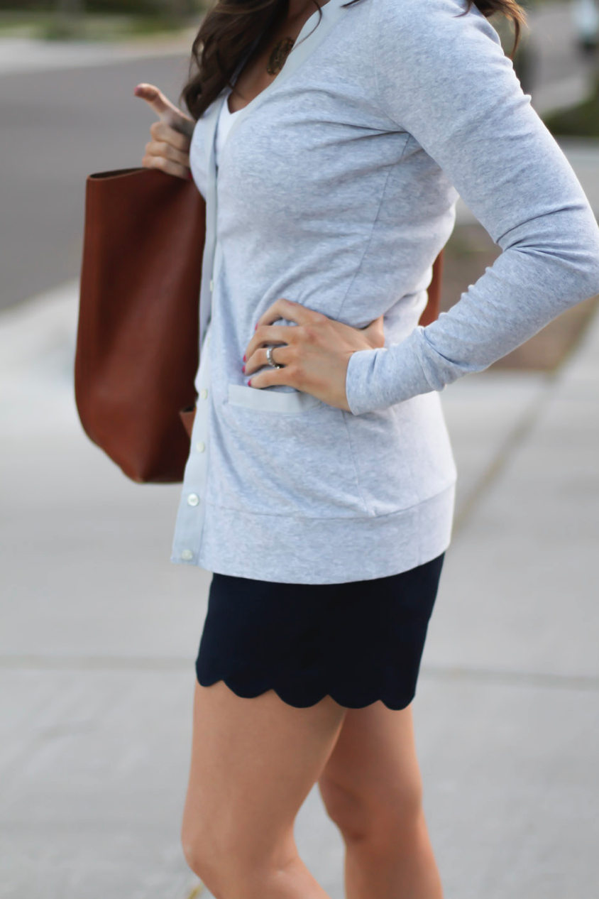 Grey Cotton Cardigan, White Vneck Tee, Navy Scalloped Shorts, Brown Leather Flip Flop Sandals, Brown Leather Tote, J.Crew, J.Crew Factory, Madewell 12
