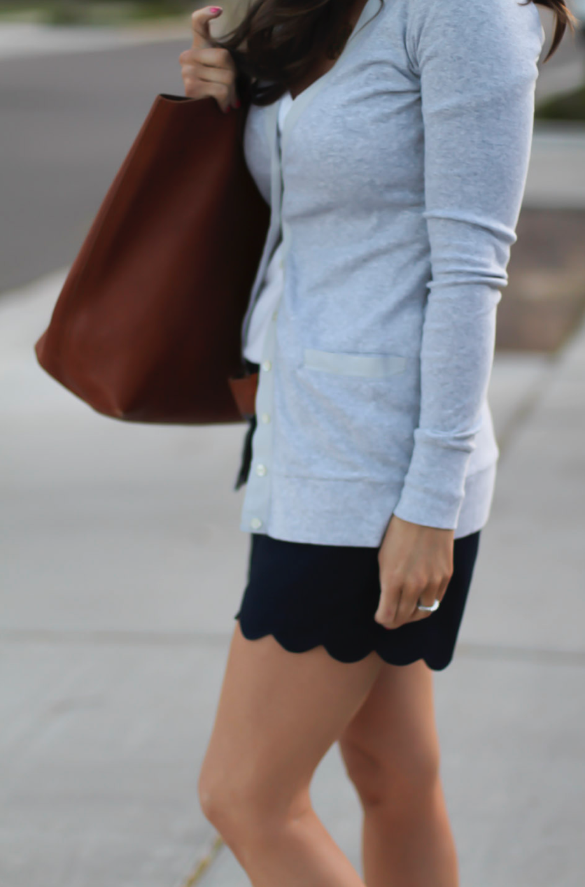 Grey Cotton Cardigan, White Vneck Tee, Navy Scalloped Shorts, Brown Leather Flip Flop Sandals, Brown Leather Tote, J.Crew, J.Crew Factory, Madewell 13