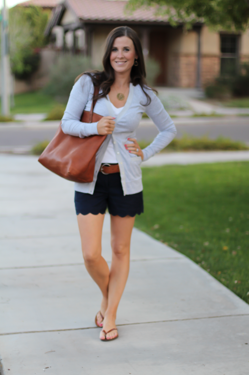 Grey Cotton Cardigan, White Vneck Tee, Navy Scalloped Shorts, Brown Leather Flip Flop Sandals, Brown Leather Tote, J.Crew, J.Crew Factory, Madewell 3