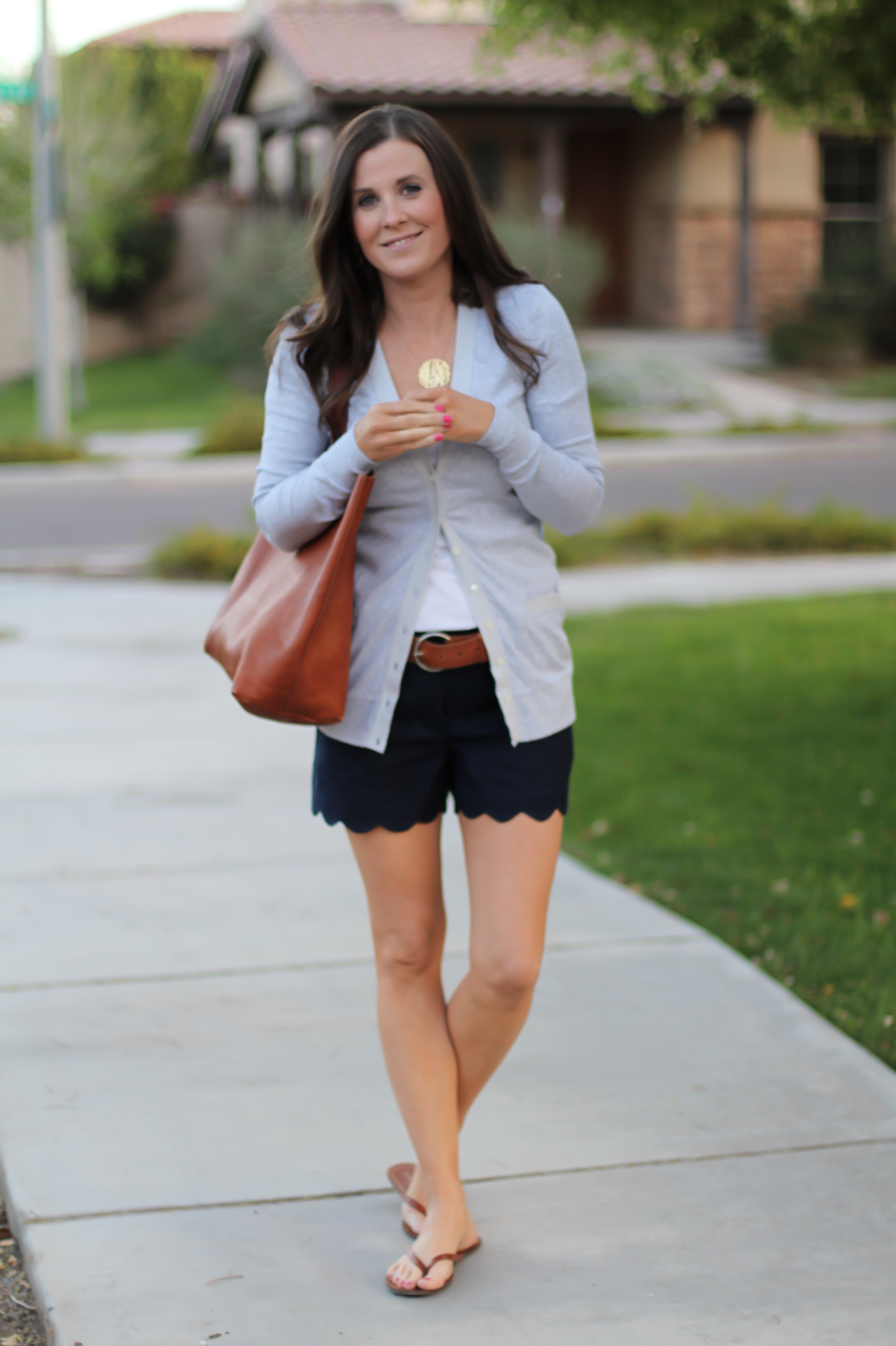 Grey Cotton Cardigan, White Vneck Tee, Navy Scalloped Shorts, Brown Leather Flip Flop Sandals, Brown Leather Tote, J.Crew, J.Crew Factory, Madewell 4