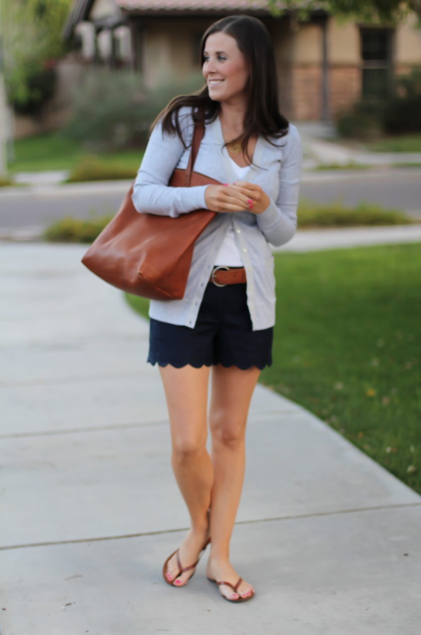 Grey Cotton Cardigan, White Vneck Tee, Navy Scalloped Shorts, Brown Leather Flip Flop Sandals, Brown Leather Tote, J.Crew, J.Crew Factory, Madewell 5