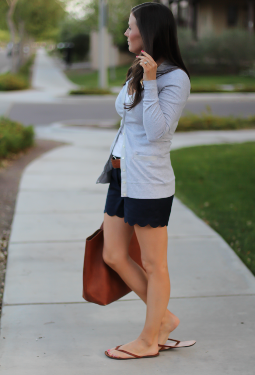 Grey Cotton Cardigan, White Vneck Tee, Navy Scalloped Shorts, Brown Leather Flip Flop Sandals, Brown Leather Tote, J.Crew, J.Crew Factory, Madewell 7