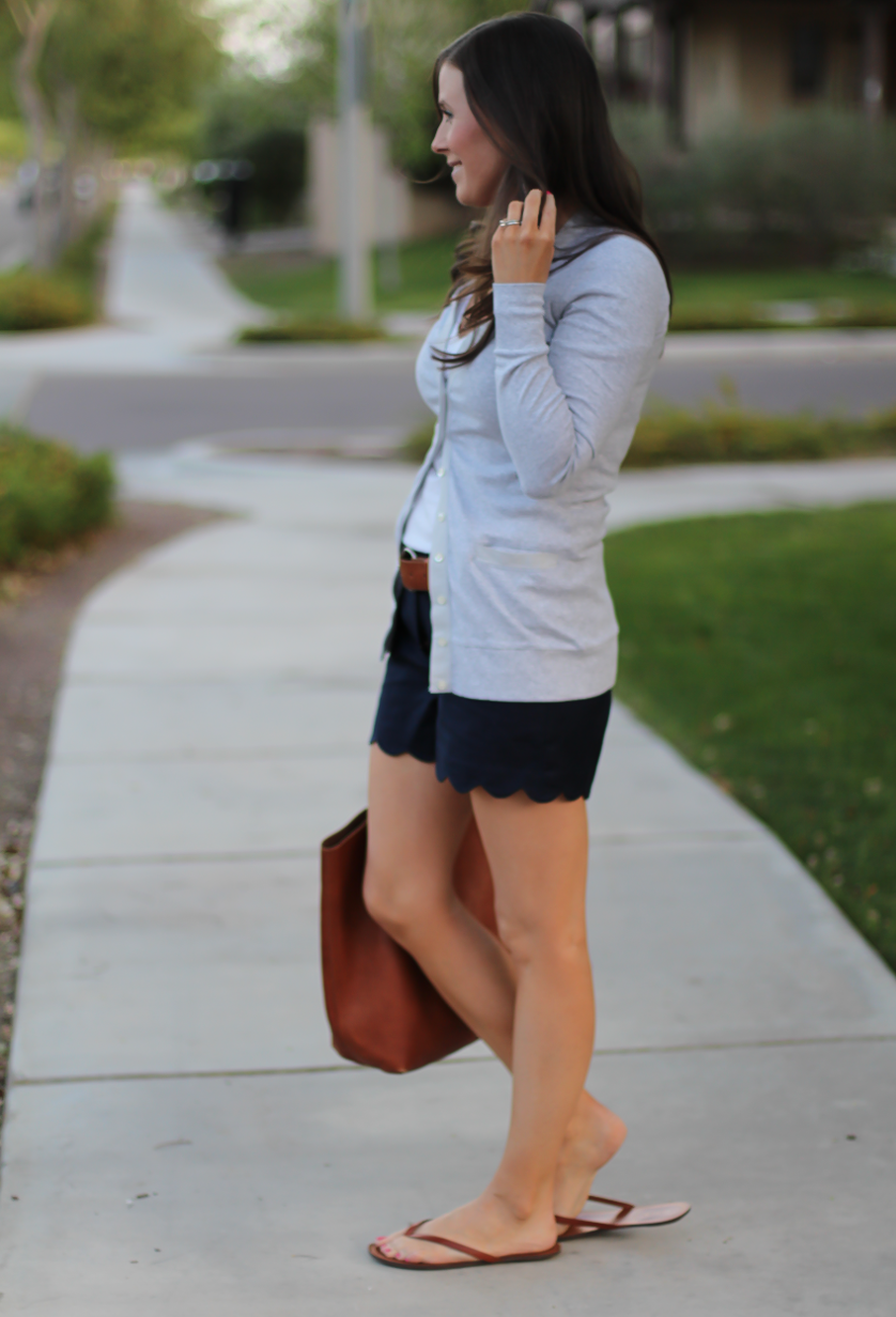 Grey Cotton Cardigan, White Vneck Tee, Navy Scalloped Shorts, Brown Leather Flip Flop Sandals, Brown Leather Tote, J.Crew, J.Crew Factory, Madewell 8