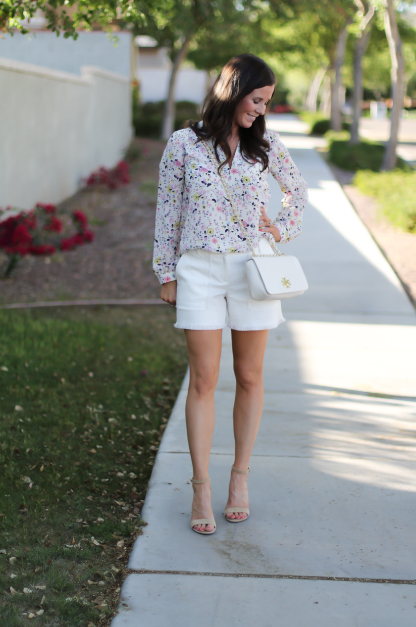 Ivory Tweed Fringe Shorts, Floral Print Blouse, Suede Stappy Heels, Ivory Chain Strap Crossbody Bag, Ann Taylor, Rebecca Taylor, Steve Madden, Tory Burch 3