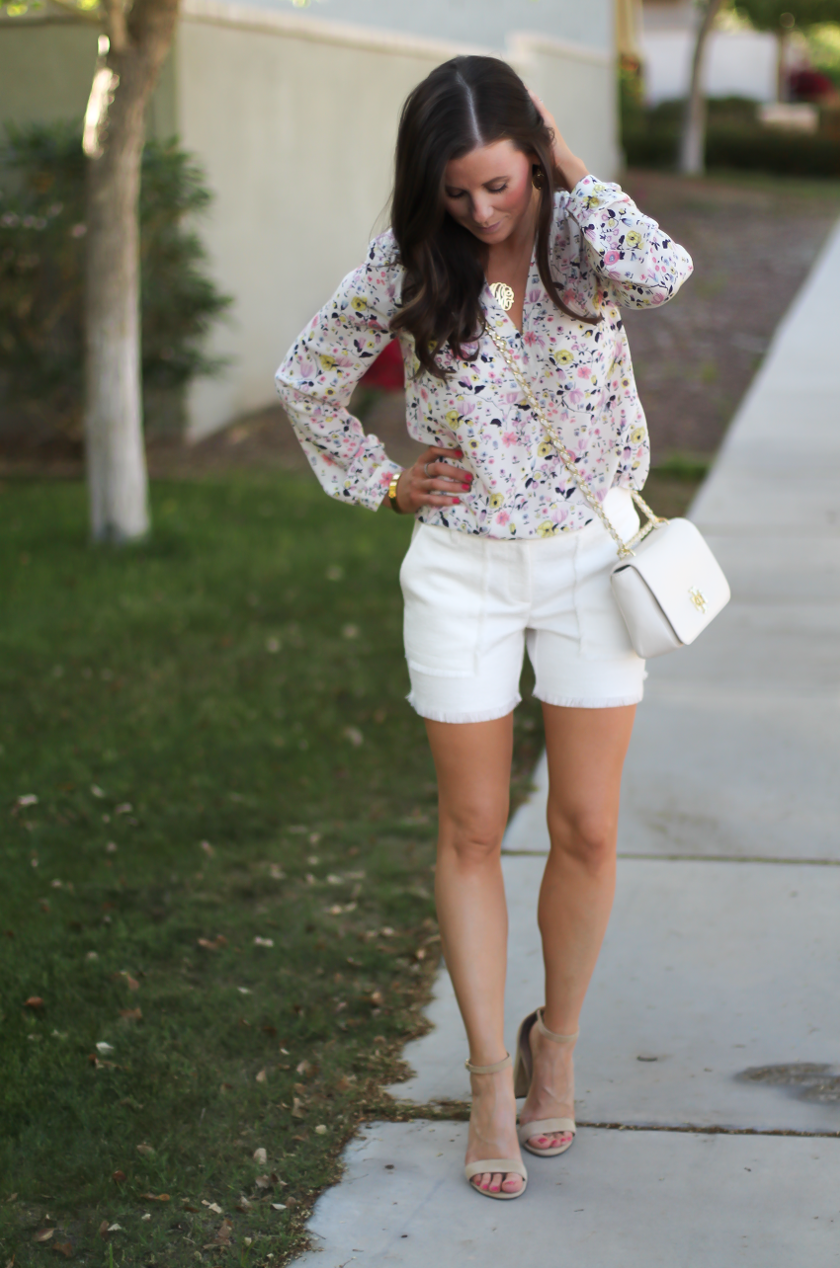 Ivory Tweed Fringe Shorts, Floral Print Blouse, Suede Stappy Heels, Ivory Chain Strap Crossbody Bag, Ann Taylor, Rebecca Taylor, Steve Madden, Tory Burch 7