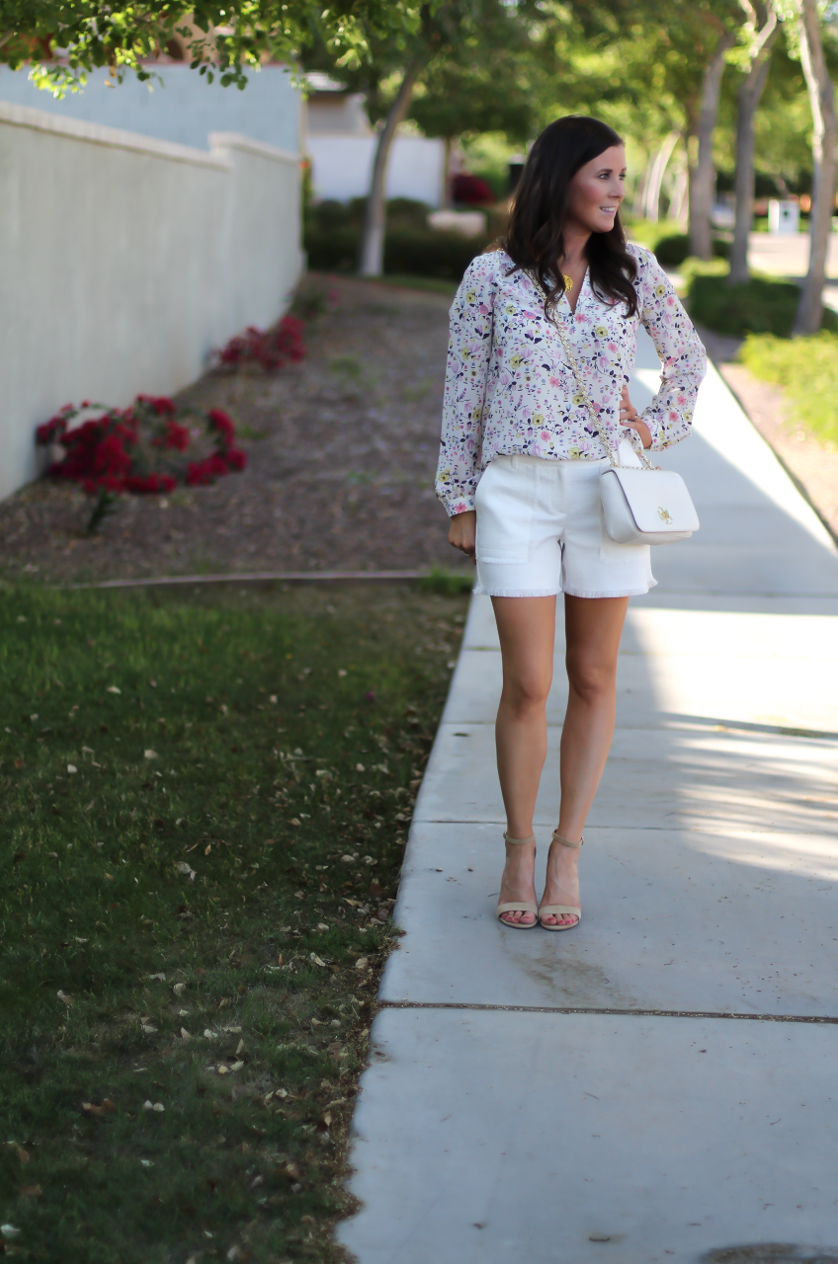 Ivory Tweed Fringe Shorts, Floral Print Blouse, Suede Stappy Heels, Ivory Chain Strap Crossbody Bag, Ann Taylor, Rebecca Taylor, Steve Madden, Tory Burch