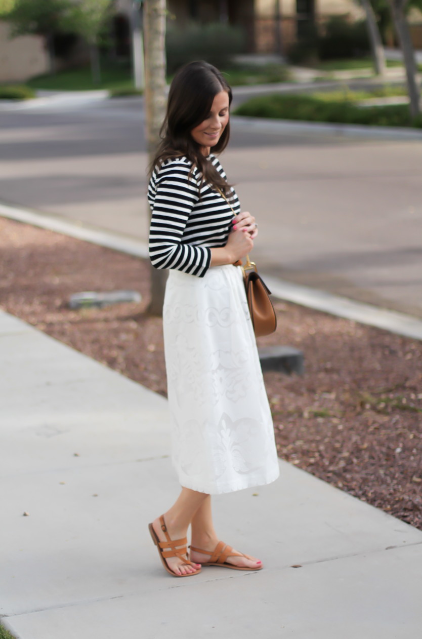 Lace White Midi Skirt, Black and White Striped Tee, Tan Leather Sandals, Tan Chain Strap Crossbody, J.Crew, Joie, Chloe 2