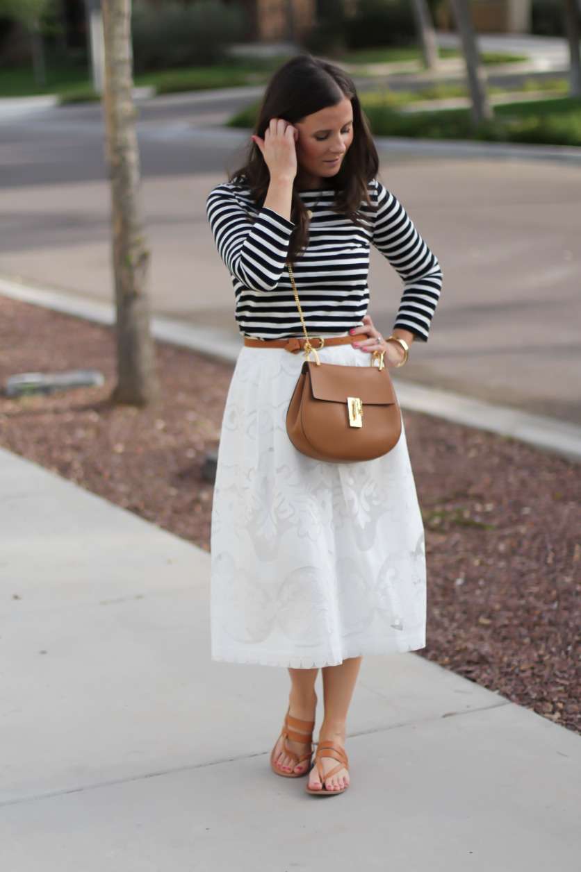 Lace White Midi Skirt, Black and White Striped Tee, Tan Leather Sandals, Tan Chain Strap Crossbody, J.Crew, Joie, Chloe 4