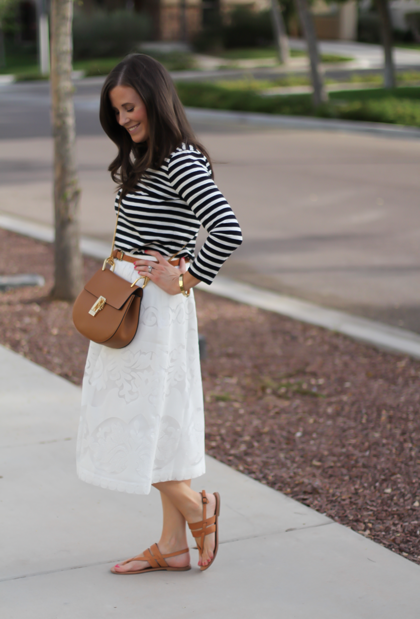 Lace White Midi Skirt, Black and White Striped Tee, Tan Leather Sandals, Tan Chain Strap Crossbody, J.Crew, Joie, Chloe 6