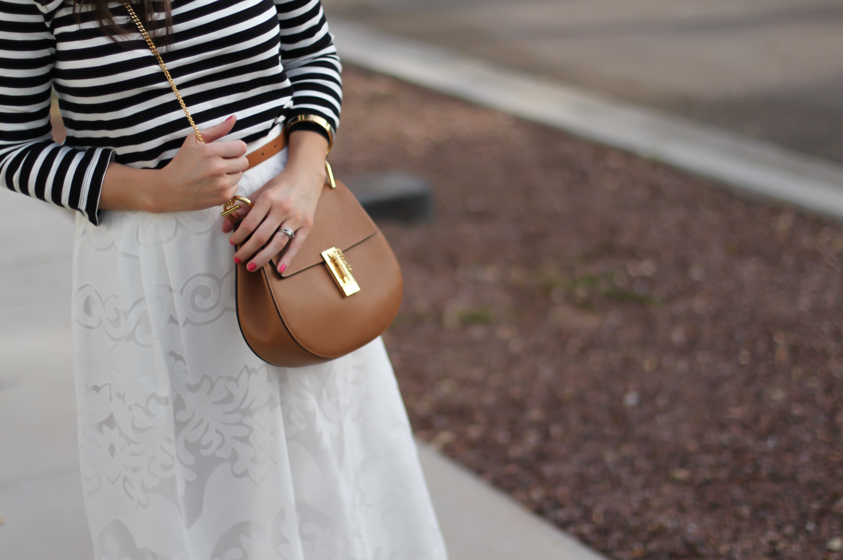 Lace White Midi Skirt, Black and White Striped Tee, Tan Leather Sandals, Tan Chain Strap Crossbody, J.Crew, Joie, Chloe 7