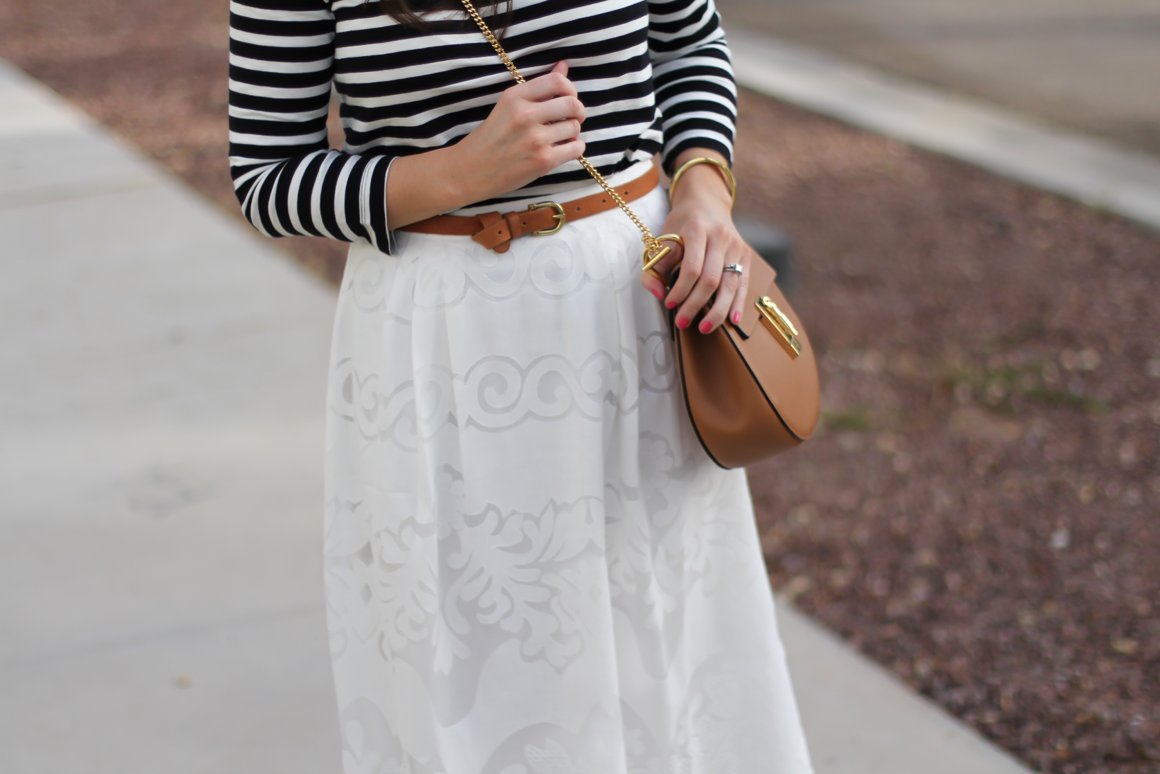 Lace White Midi Skirt, Black and White Striped Tee, Tan Leather Sandals, Tan Chain Strap Crossbody, J.Crew, Joie, Chloe 8