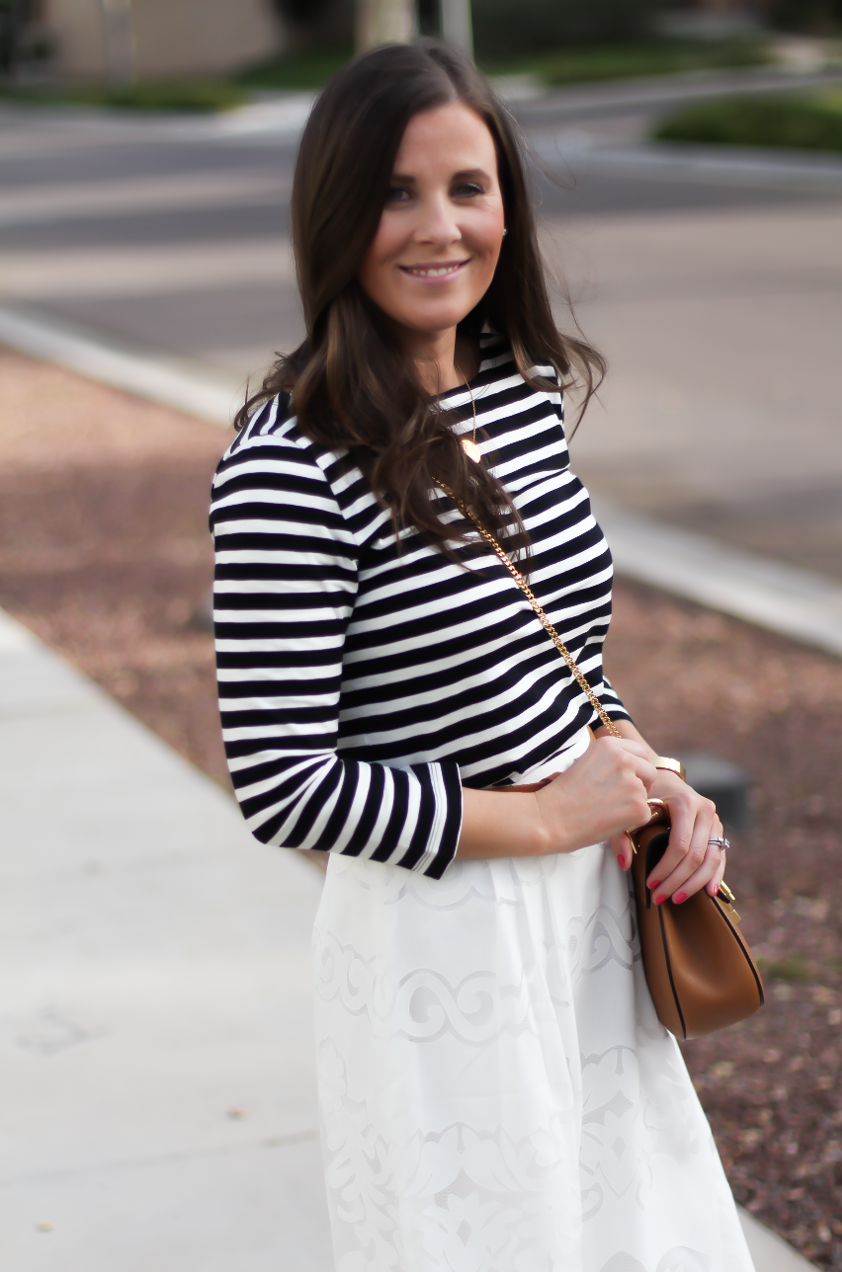 Lace White Midi Skirt, Black and White Striped Tee, Tan Leather Sandals, Tan Chain Strap Crossbody, J.Crew, Joie, Chloe 9