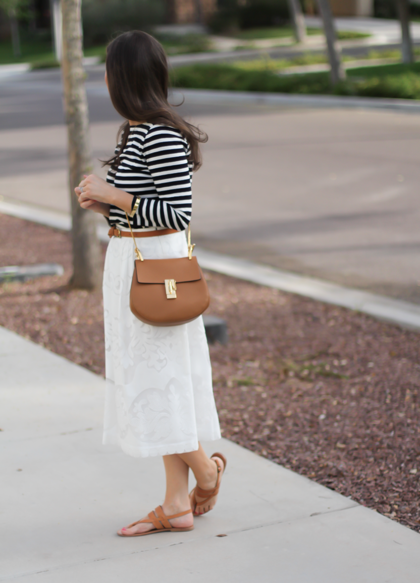 Lace White Midi Skirt, Black and White Striped Tee, Tan Leather Sandals, Tan Chain Strap Crossbody, J.Crew, Joie, Chloe