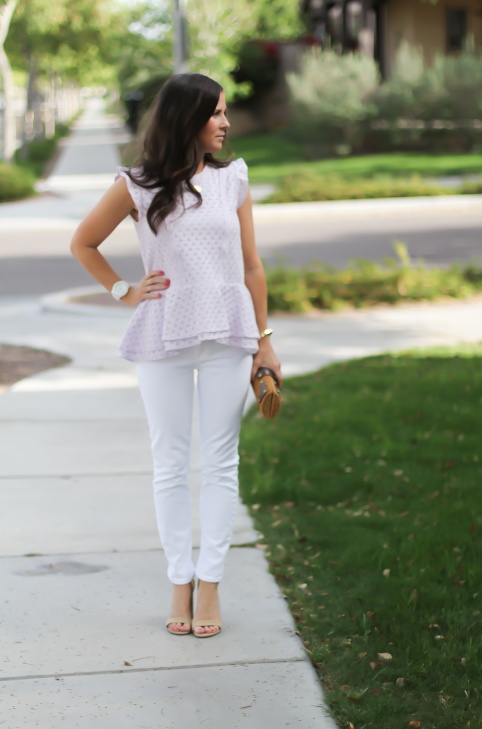 Lilac Lace Peplum, White Toothpick Jeans, Basket Clutch, Suede Tan Heel Sandals, Banana Republic, J.Crew, Kate Spade, Steve Madden 3