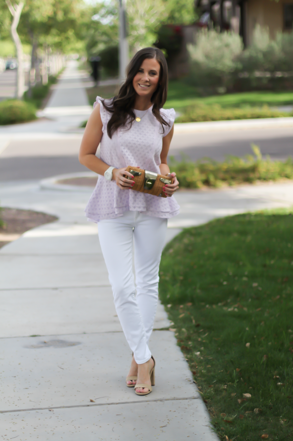 Lilac Lace Peplum, White Toothpick Jeans, Basket Clutch, Suede Tan Heel Sandals, Banana Republic, J.Crew, Kate Spade, Steve Madden 4