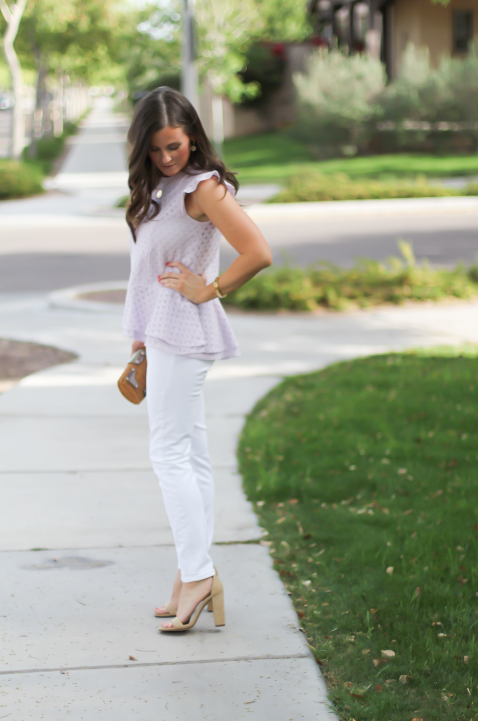 Lilac Lace Peplum, White Toothpick Jeans, Basket Clutch, Suede Tan Heel Sandals, Banana Republic, J.Crew, Kate Spade, Steve Madden 6