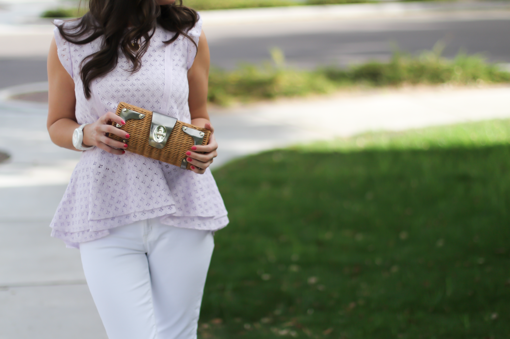 Lilac Lace Peplum, White Toothpick Jeans, Basket Clutch, Suede Tan Heel Sandals, Banana Republic, J.Crew, Kate Spade, Steve Madden 7