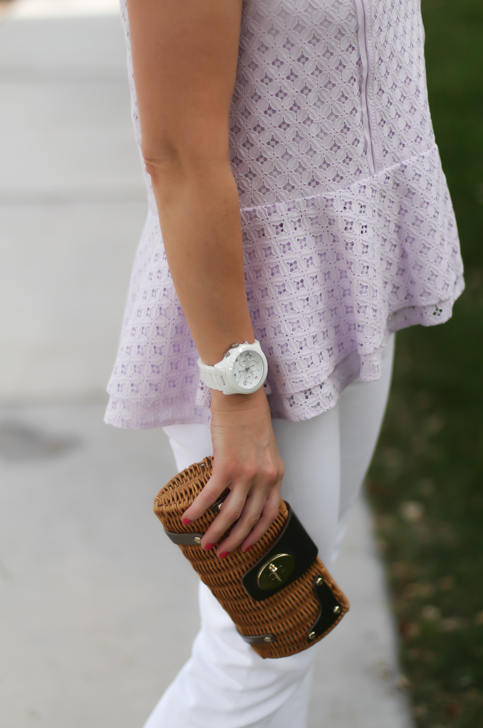 Lilac Lace Peplum, White Toothpick Jeans, Basket Clutch, Suede Tan Heel Sandals, Banana Republic, J.Crew, Kate Spade, Steve Madden 8