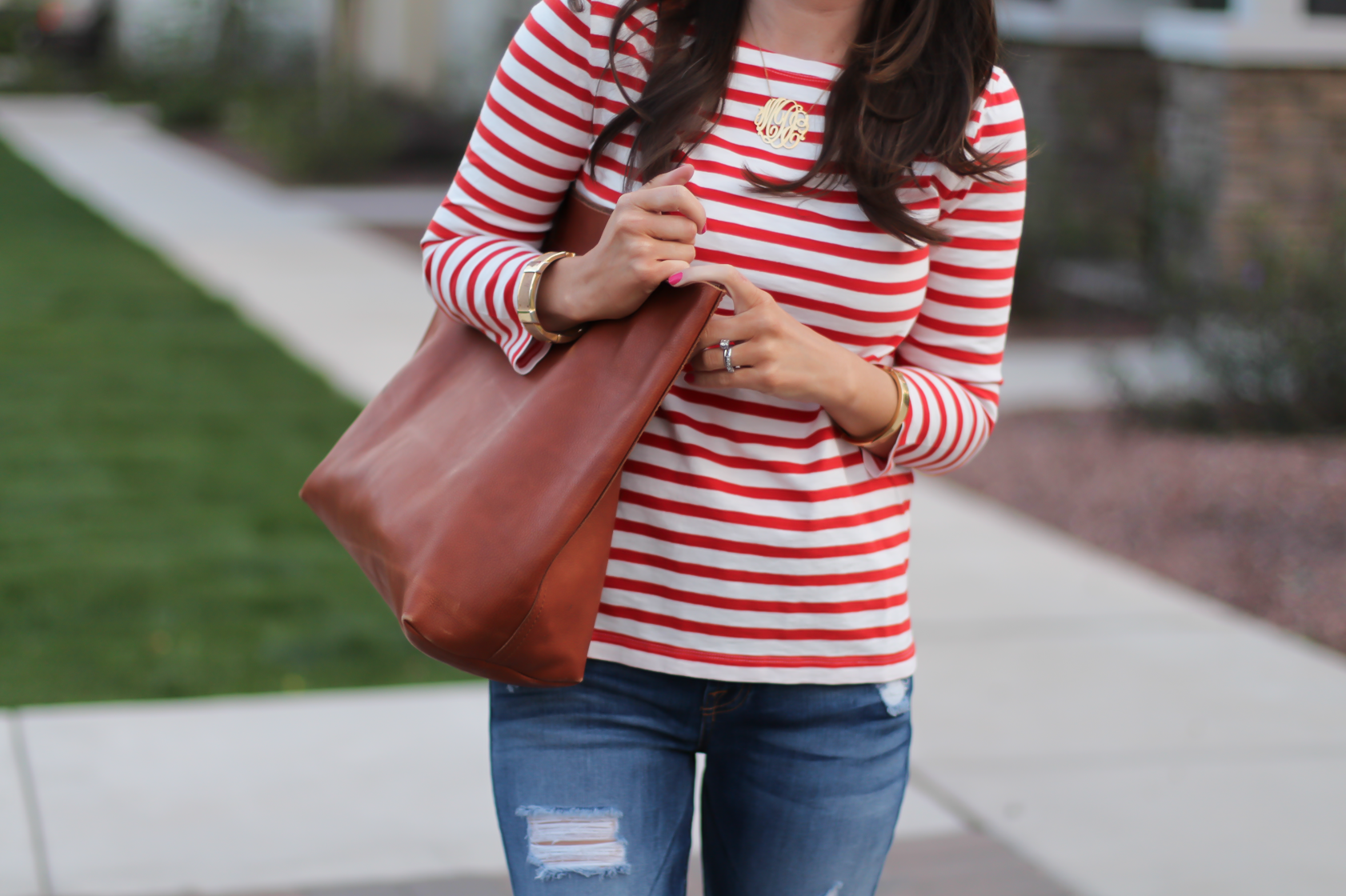 Red Striped Boatneck Tee, Distressed Skinny Jeans, Cognac Leather Flip Flop Sandals, Cognac Tote, J.Crew, 7 for All Mankind, Madewell 11