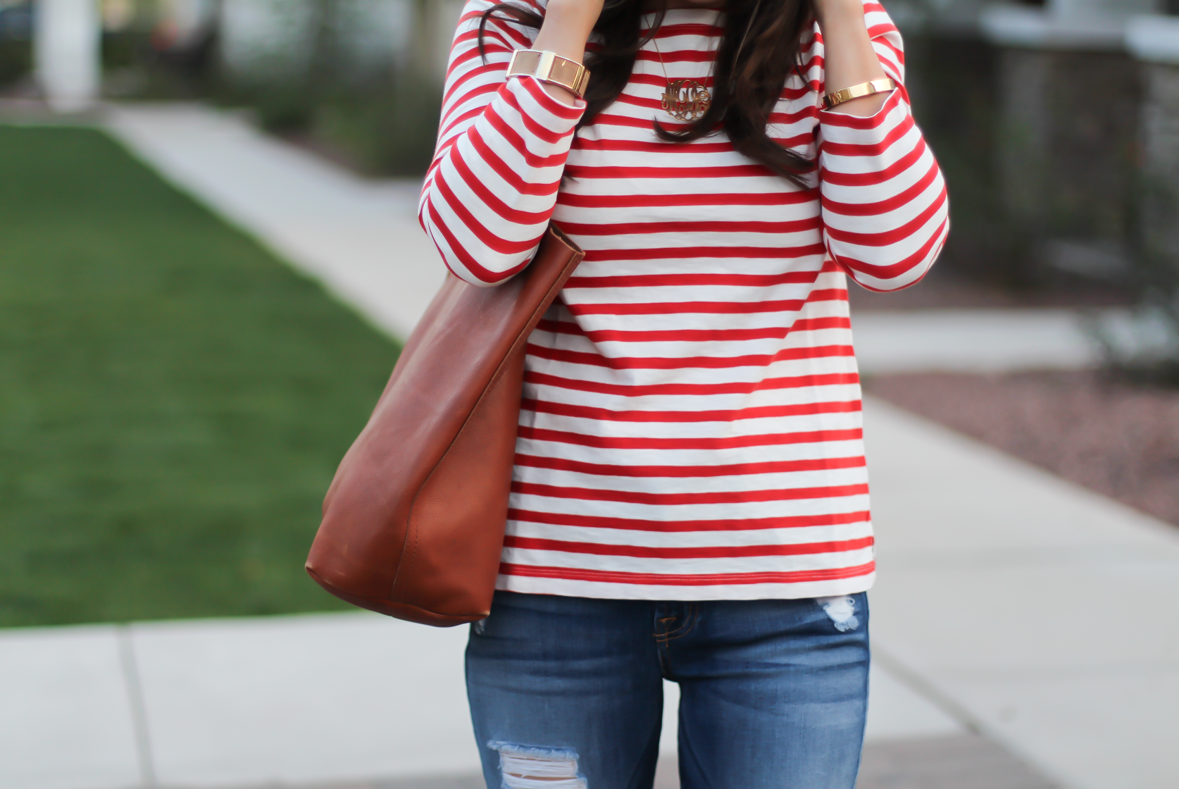 Red Striped Boatneck Tee, Distressed Skinny Jeans, Cognac Leather Flip Flop Sandals, Cognac Tote, J.Crew, 7 for All Mankind, Madewell 12