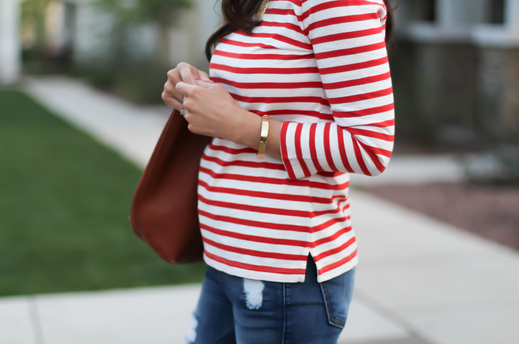 Red Striped Boatneck Tee, Distressed Skinny Jeans, Cognac Leather Flip Flop Sandals, Cognac Tote, J.Crew, 7 for All Mankind, Madewell 13