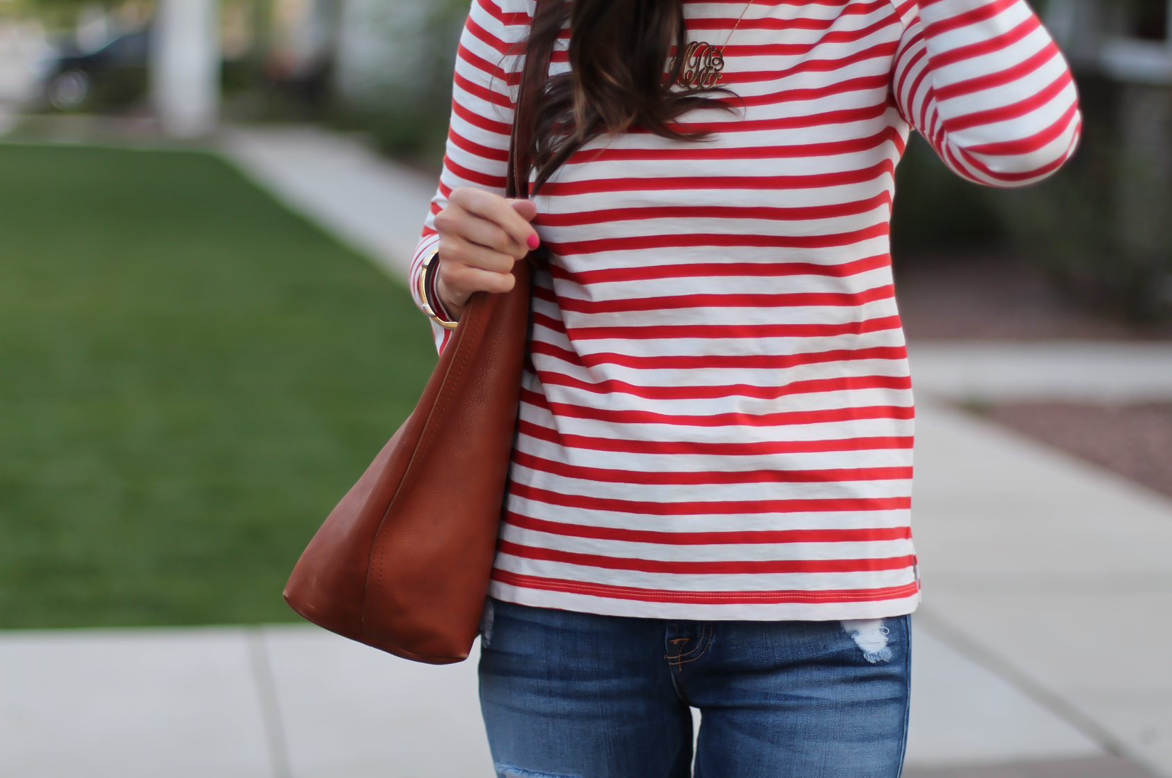 Red Striped Boatneck Tee, Distressed Skinny Jeans, Cognac Leather Flip Flop Sandals, Cognac Tote, J.Crew, 7 for All Mankind, Madewell 14