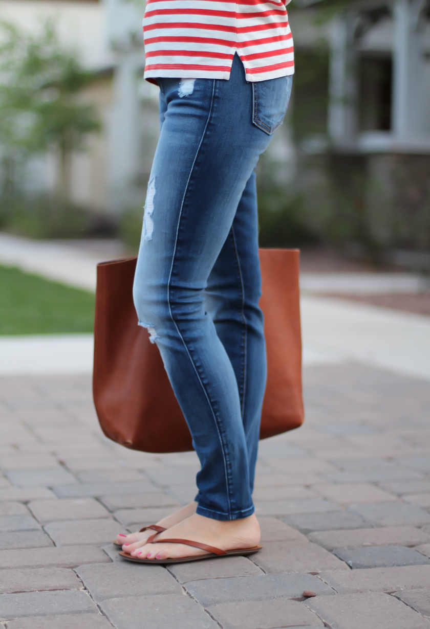 Red Striped Boatneck Tee, Distressed Skinny Jeans, Cognac Leather Flip Flop Sandals, Cognac Tote, J.Crew, 7 for All Mankind, Madewell 15