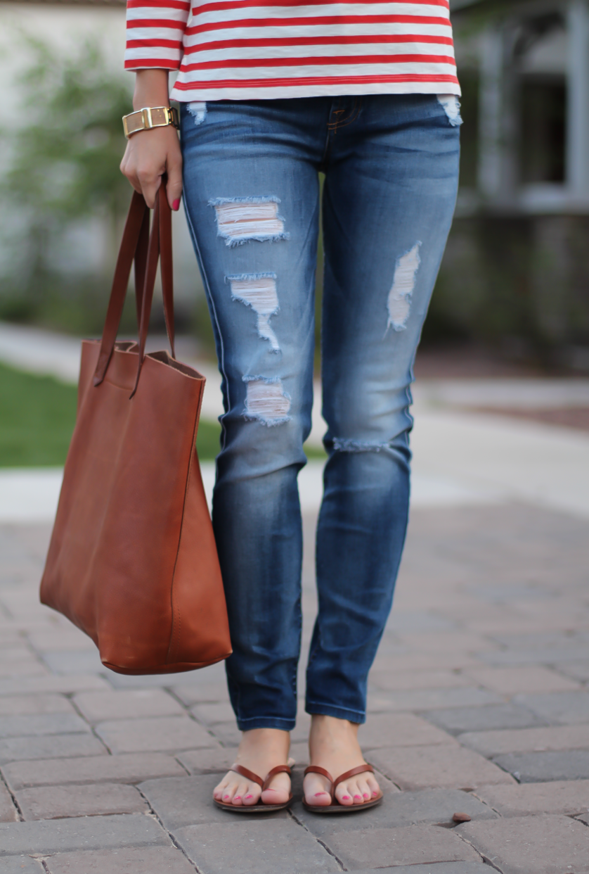 Red Striped Boatneck Tee, Distressed Skinny Jeans, Cognac Leather Flip Flop Sandals, Cognac Tote, J.Crew, 7 for All Mankind, Madewell 16