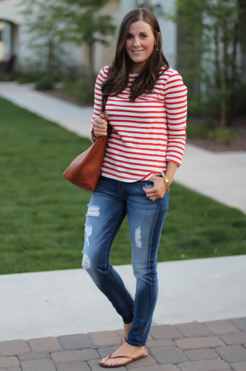 Red Striped Boatneck Tee, Distressed Skinny Jeans, Cognac Leather Flip Flop Sandals, Cognac Tote, J.Crew, 7 for All Mankind, Madewell 2
