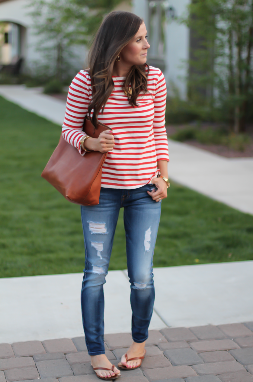 Red sweater, skinny. jeans, wedge booties, cognac tote outfit 3 - Putting  Me Together