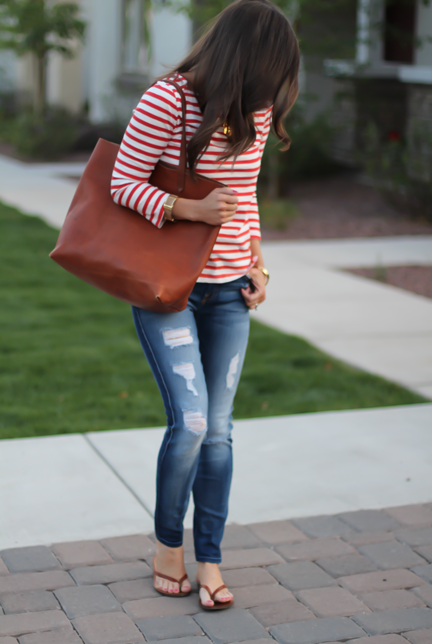 Red Striped Boatneck Tee, Distressed Skinny Jeans, Cognac Leather Flip Flop Sandals, Cognac Tote, J.Crew, 7 for All Mankind, Madewell 4