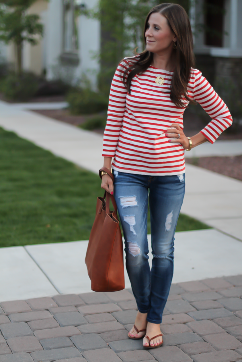 Red Striped Boatneck Tee, Distressed Skinny Jeans, Cognac Leather Flip Flop Sandals, Cognac Tote, J.Crew, 7 for All Mankind, Madewell 5