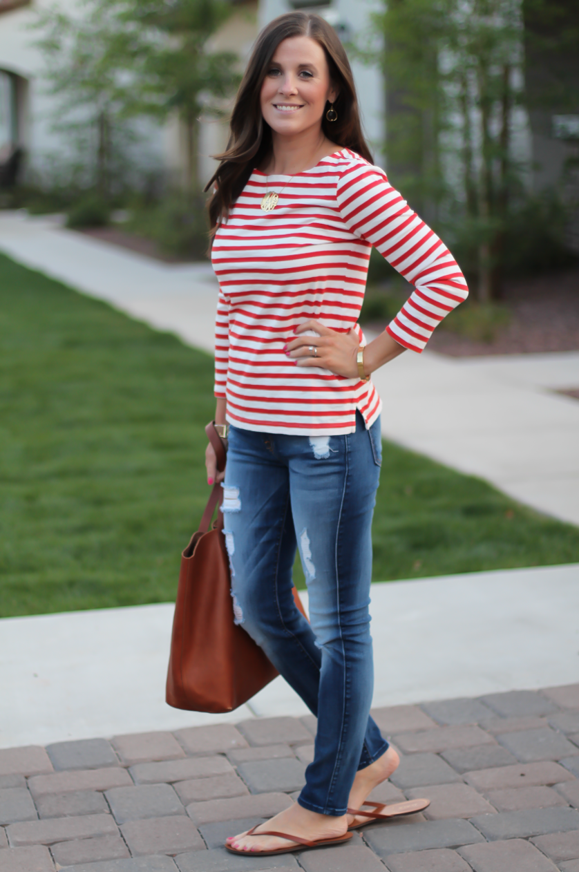 Red Striped Boatneck Tee, Distressed Skinny Jeans, Cognac Leather Flip Flop Sandals, Cognac Tote, J.Crew, 7 for All Mankind, Madewell 6