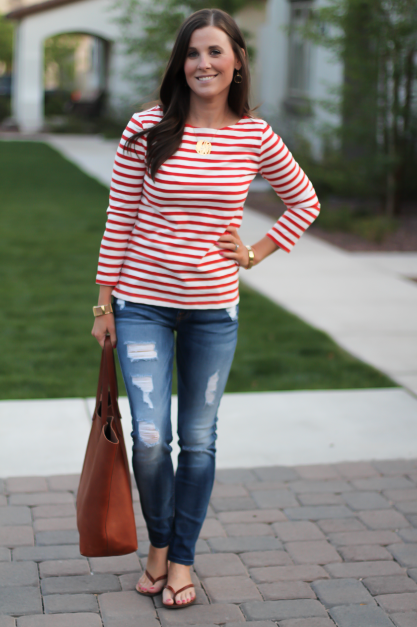 Red Striped Boatneck Tee, Distressed Skinny Jeans, Cognac Leather Flip Flop Sandals, Cognac Tote, J.Crew, 7 for All Mankind, Madewell 7