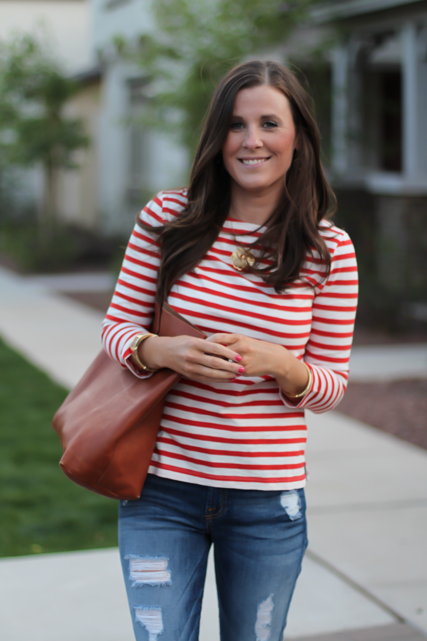 Red Striped Boatneck Tee, Distressed Skinny Jeans, Cognac Leather Flip Flop Sandals, Cognac Tote, J.Crew, 7 for All Mankind, Madewell 9