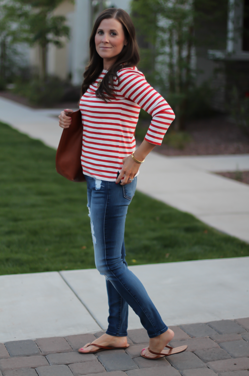 Red Striped Boatneck Tee, Distressed Skinny Jeans, Cognac Leather Flip Flop Sandals, Cognac Tote, J.Crew, 7 for All Mankind, Madewell