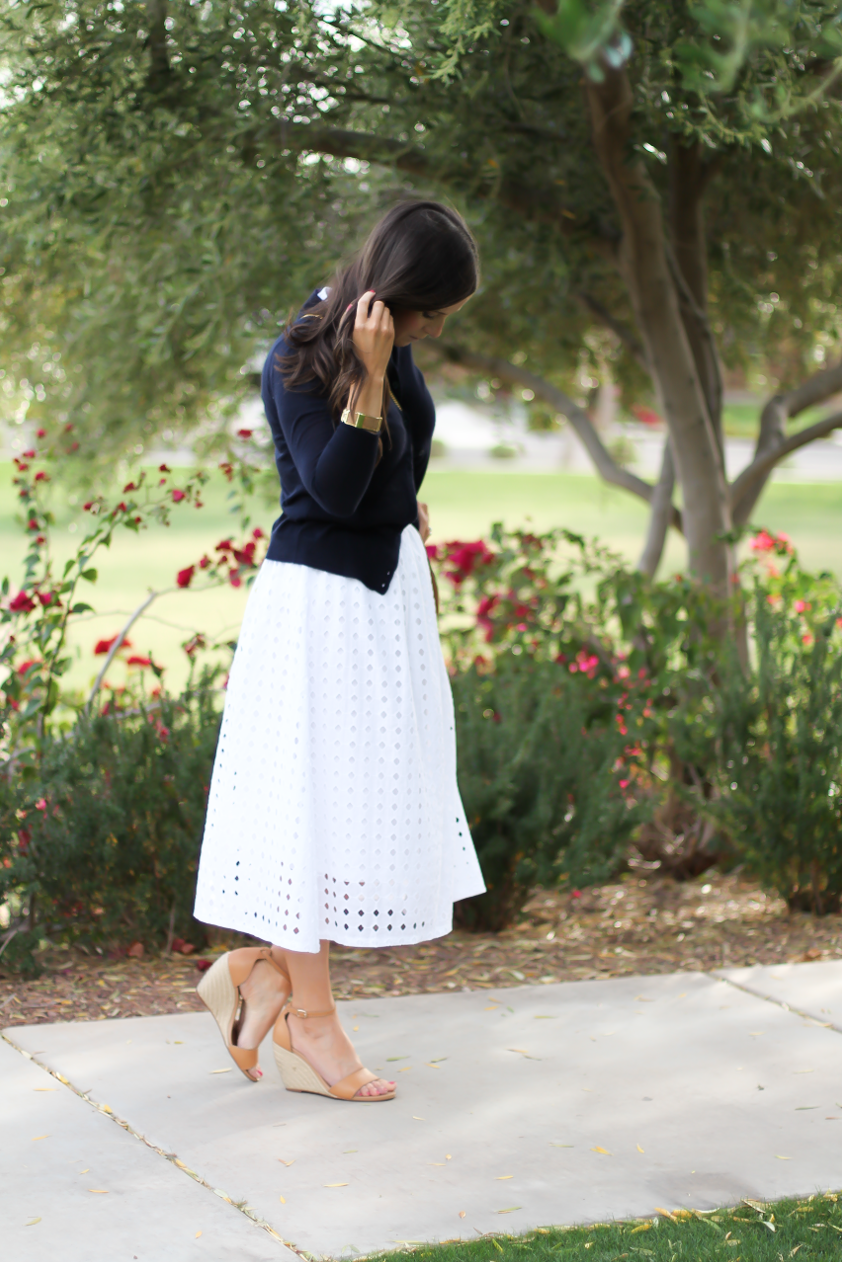 White Eyelet Midi Skirt, Navy Cardigan, Tan Wedge Sandals, Tan Chain Strap Crossobdy Bag, Revolve Clothing, J.Crew, Chloe, Seychelles 10