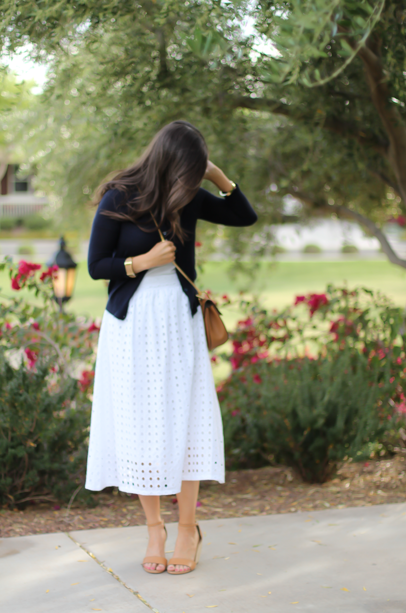 White Eyelet Midi Skirt, Navy Cardigan, Tan Wedge Sandals, Tan Chain Strap Crossobdy Bag, Revolve Clothing, J.Crew, Chloe, Seychelles 12