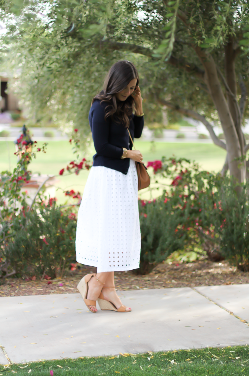 White Eyelet Midi Skirt, Navy Cardigan, Tan Wedge Sandals, Tan Chain Strap Crossobdy Bag, Revolve Clothing, J.Crew, Chloe, Seychelles 4