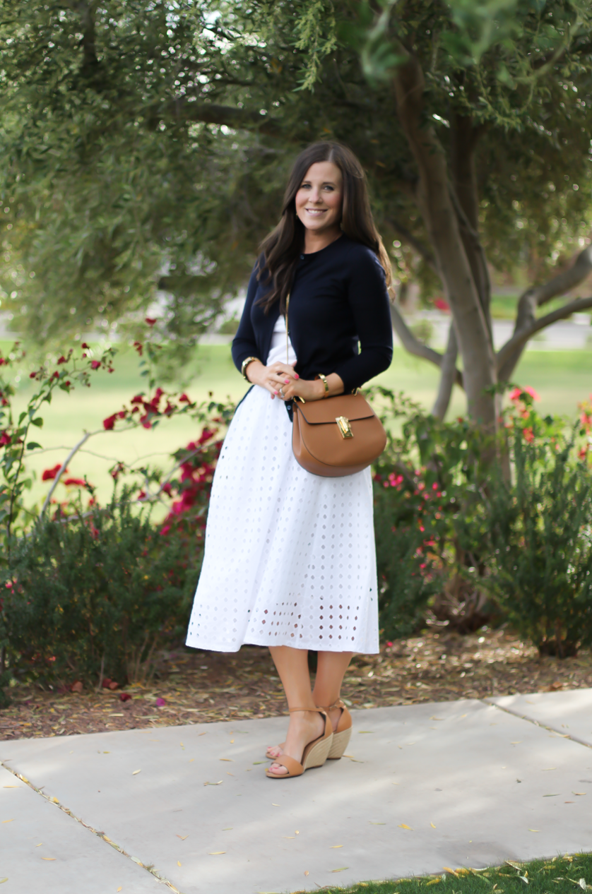 White Eyelet Midi Skirt, Navy Cardigan, Tan Wedge Sandals, Tan Chain Strap Crossobdy Bag, Revolve Clothing, J.Crew, Chloe, Seychelles 6