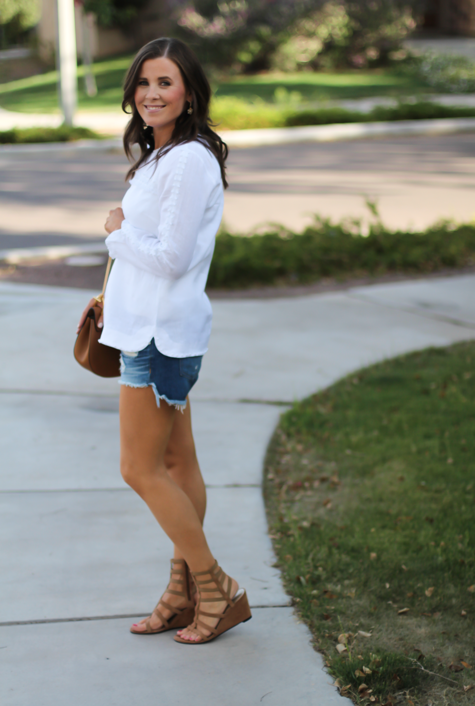 Denim Cutoff Jean Shorts, White Linen Blouse, Gladiator Wedge Sandals, Chain Strap Leather Crossbody Bag, Rag and Bone, J.Crew, Stuart Weitzman, Chloe 10