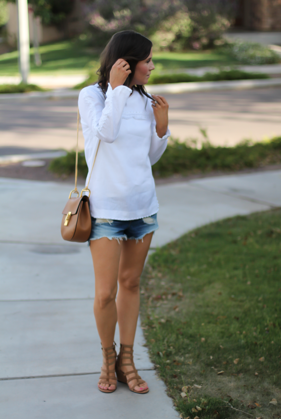 Denim Cutoff Jean Shorts, White Linen Blouse, Gladiator Wedge Sandals, Chain Strap Leather Crossbody Bag, Rag and Bone, J.Crew, Stuart Weitzman, Chloe 12