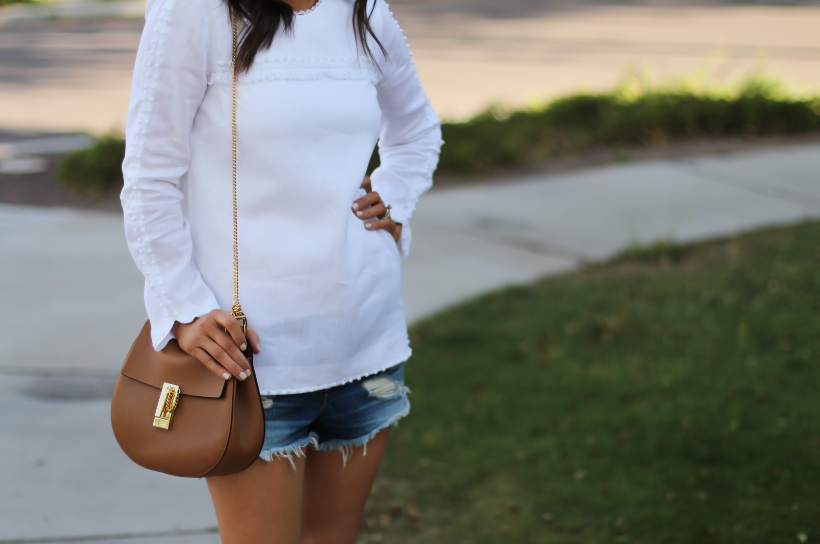 Denim Cutoff Jean Shorts, White Linen Blouse, Gladiator Wedge Sandals, Chain Strap Leather Crossbody Bag, Rag and Bone, J.Crew, Stuart Weitzman, Chloe 20