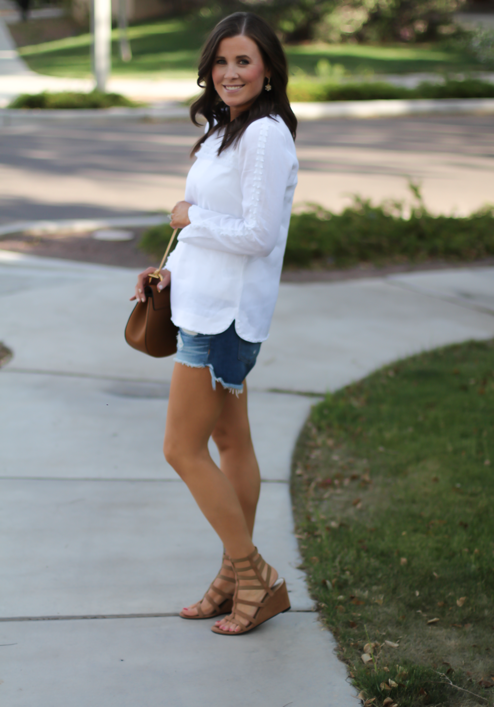 Denim Cutoff Jean Shorts, White Linen Blouse, Gladiator Wedge Sandals, Chain Strap Leather Crossbody Bag, Rag and Bone, J.Crew, Stuart Weitzman, Chloe 6