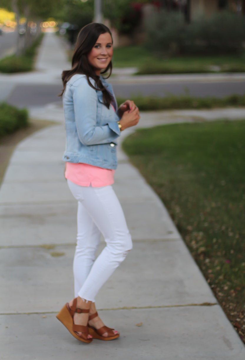 Light Rinse Denim Jacket, Pink Tank, White Distressed Crop Skinny Jeans, Cognac WEdges, Beige Crossbody Bag, J.Crew, J Brand, Madewell, See By Chloe 10