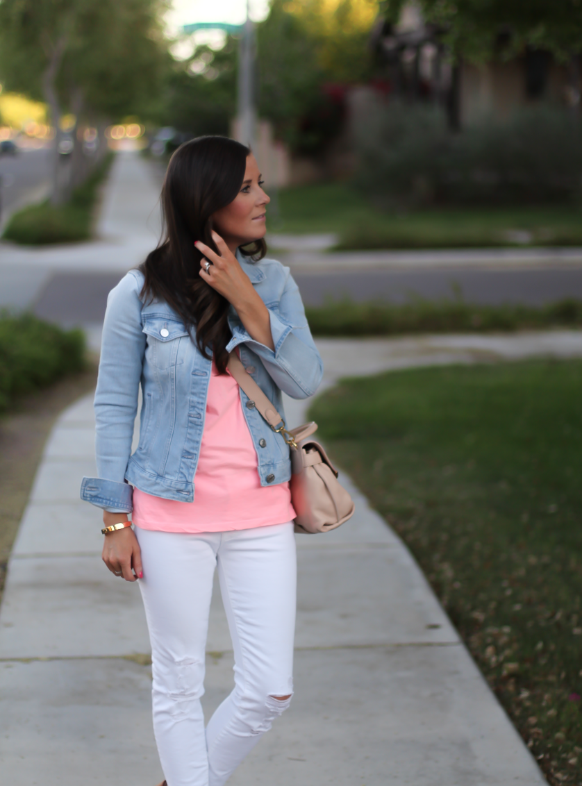 Light Rinse Denim Jacket, Pink Tank, White Distressed Crop Skinny Jeans, Cognac WEdges, Beige Crossbody Bag, J.Crew, J Brand, Madewell, See By Chloe 11