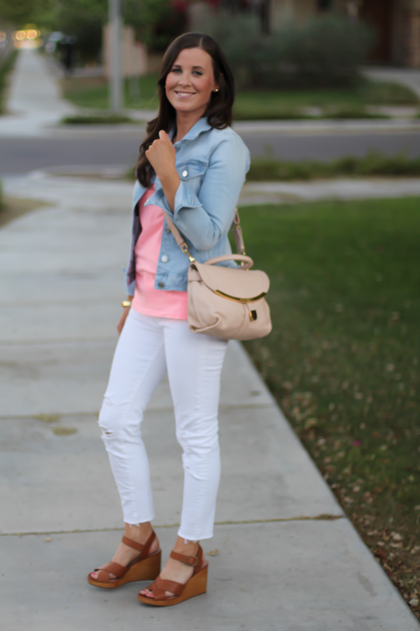 Light Rinse Denim Jacket, Pink Tank, White Distressed Crop Skinny Jeans, Cognac WEdges, Beige Crossbody Bag, J.Crew, J Brand, Madewell, See By Chloe 12