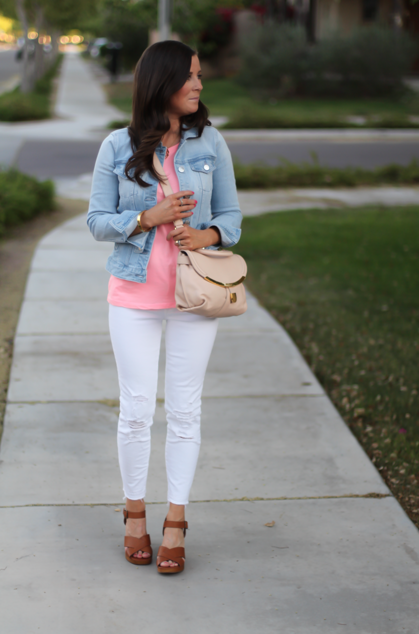 Light Rinse Denim Jacket, Pink Tank, White Distressed Crop Skinny Jeans, Cognac WEdges, Beige Crossbody Bag, J.Crew, J Brand, Madewell, See By Chloe 2