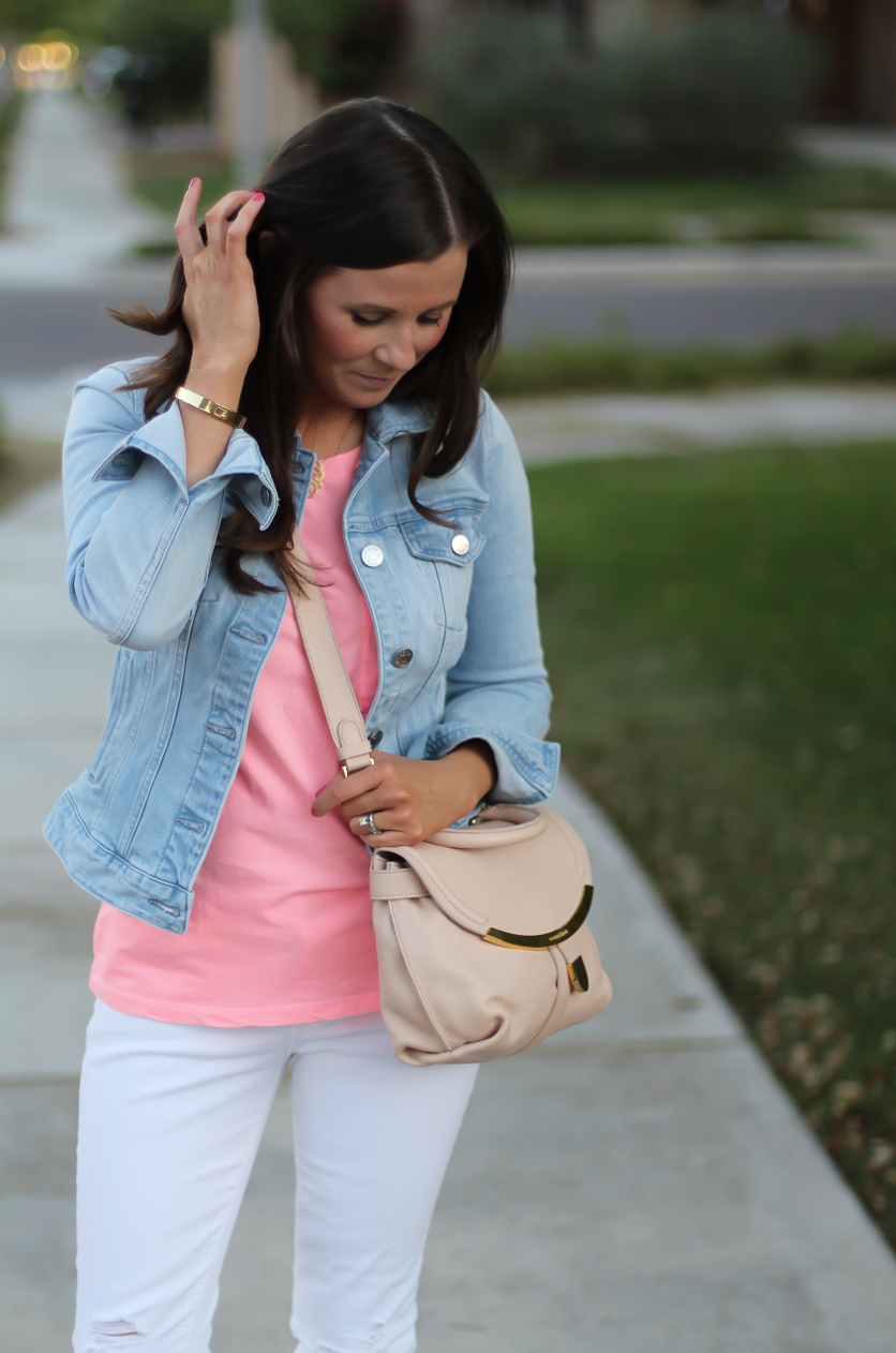 Light Rinse Denim Jacket, Pink Tank, White Distressed Crop Skinny Jeans, Cognac WEdges, Beige Crossbody Bag, J.Crew, J Brand, Madewell, See By Chloe 4